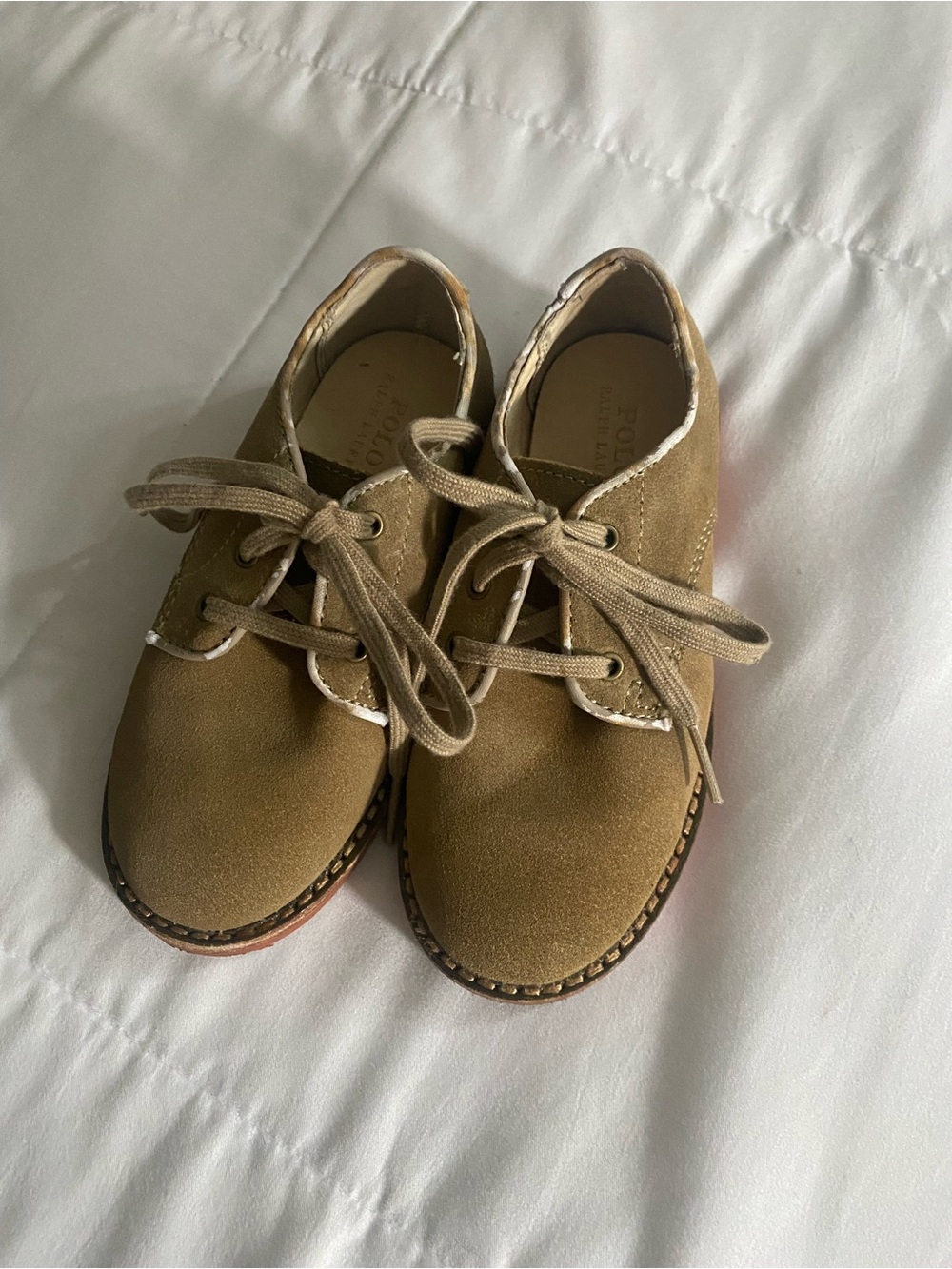 Polo by Ralph Lauren Boys Tan Suede Lace-Up Dress Shoes with Red Rubber Sole